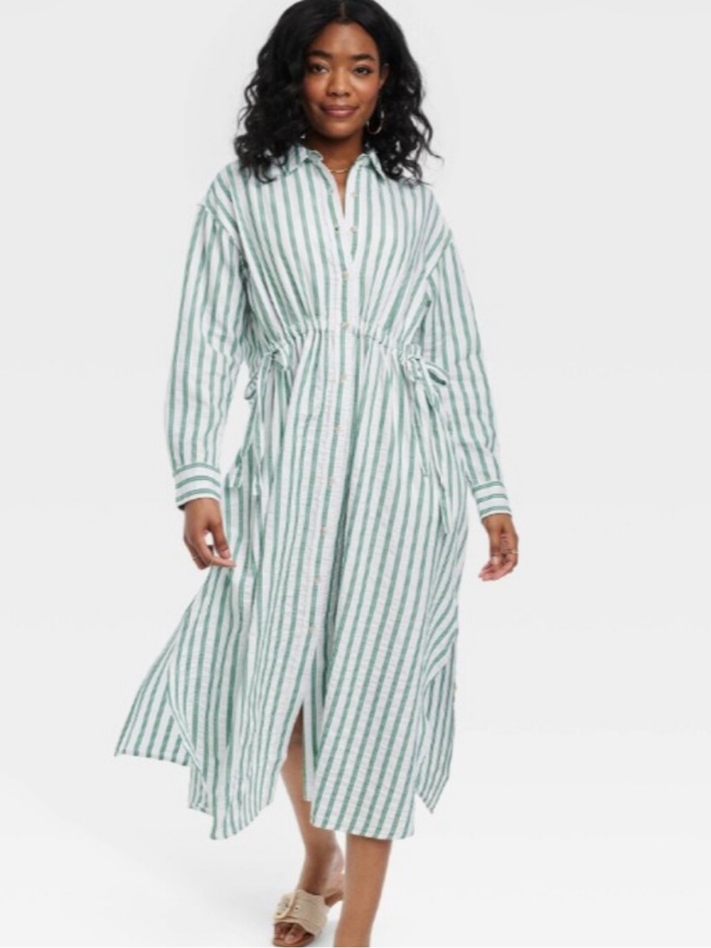 Universal Thread Green and White Striped Tie-Waist Shirt Dress